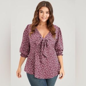 Floral Puff Sleeve Knot Front Blouse - Large NWT